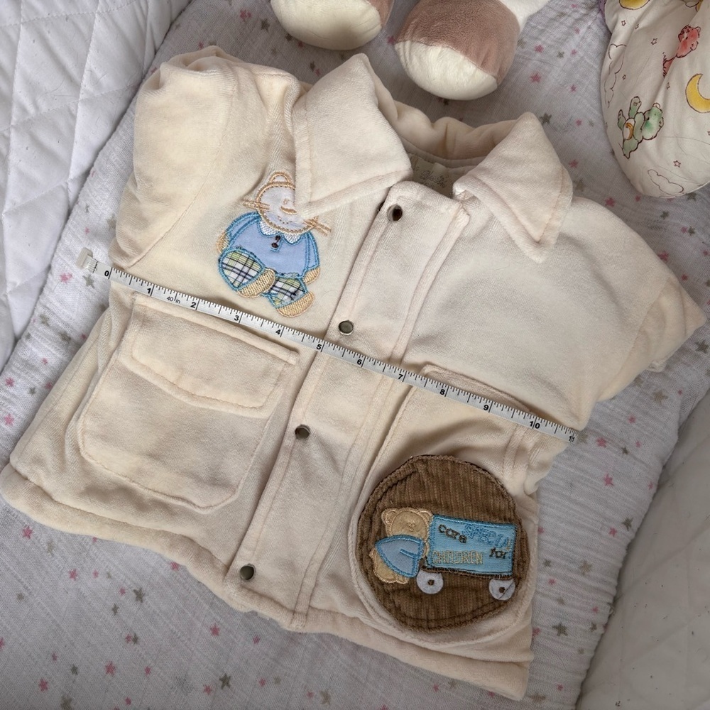 ⭒ 6M VTG Cream Chunky Jacket Embroidered Bear Pockets Collar Velour ⭒ - Picture 11 of 13